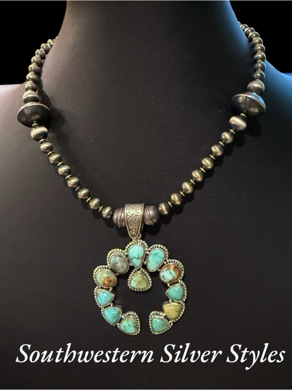 Sterling Silver Desert Pearls Turquoise Squash Blossom Naja Pendant Necklace